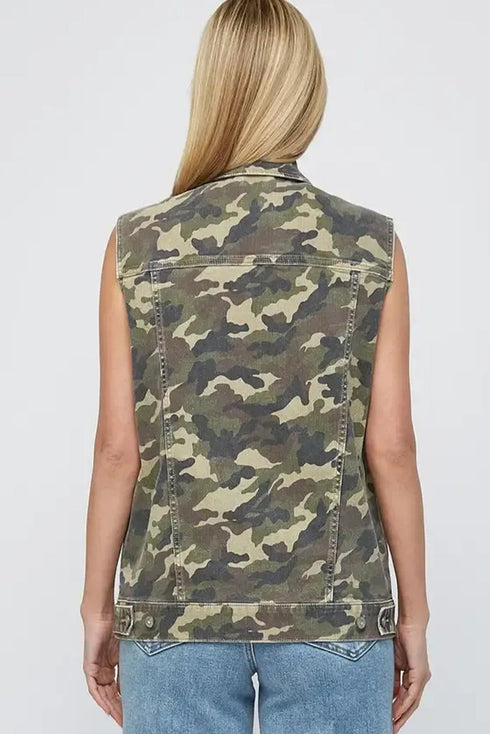 Camo Snap Front Cargo Pocket Denim Vests